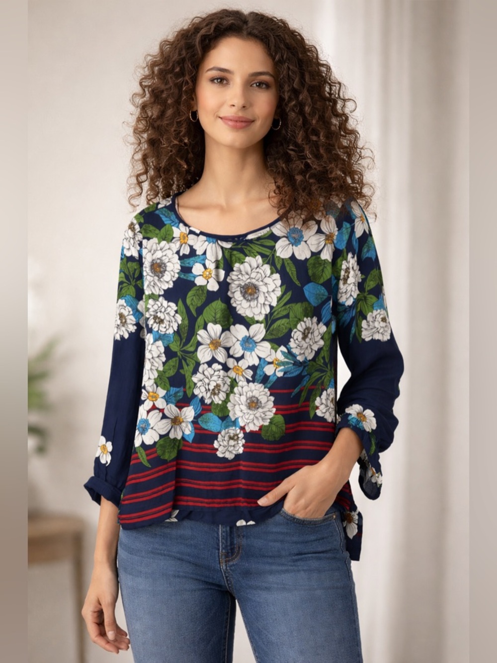MILANO Floral Blouse with Red Stripes